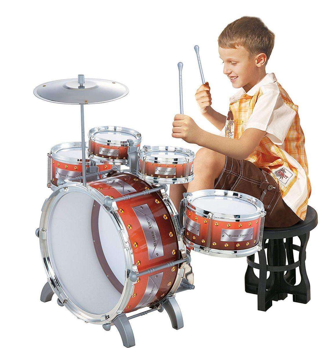 Kids' Junior 5-Piece Drum Set Complete Musical Instrument Kit with Stool & Sticks Ideal for Young