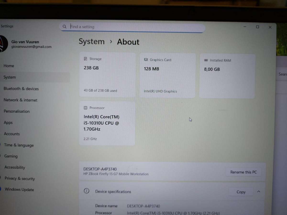 HP Zbook Firefly 15 G7 i5-10310U 1.7GHz 8GB Ram 256GB NVMe SSD