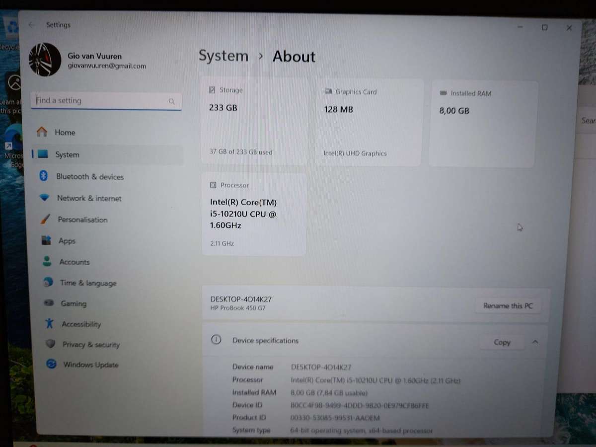 HP ProBook 450 G7 i5-10210U 1.60GHz 8GB RAM 256GB SSD