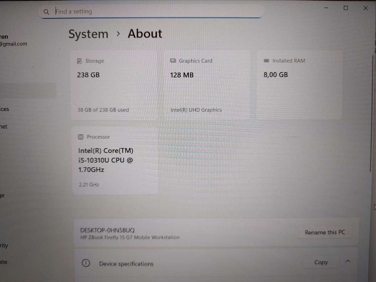 HP Zbook Firefly 15 G7 i5-10310U 1.7GHz 8GB Ram 256GB NVMe SSD