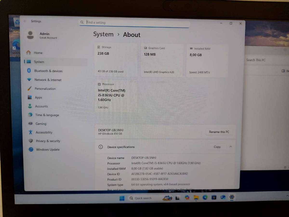 HP EliteBook 850 G6 Core i5-8365U 1.60GHz 8GB Ram 256GB NVMe SSD