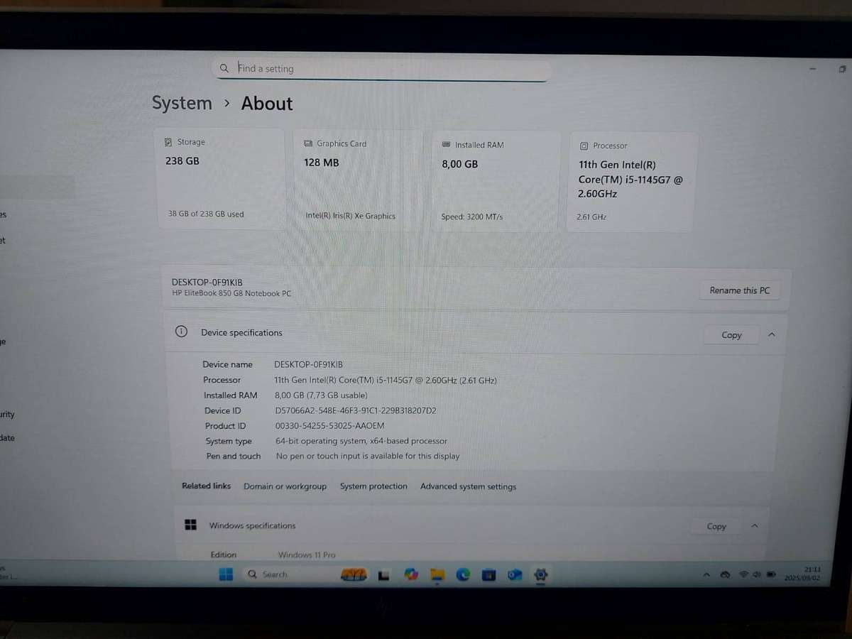 HP EliteBook 850 G8 Core i5-1145G7 @2.60GHz 8GB RAM 256GB NVMe SSD
