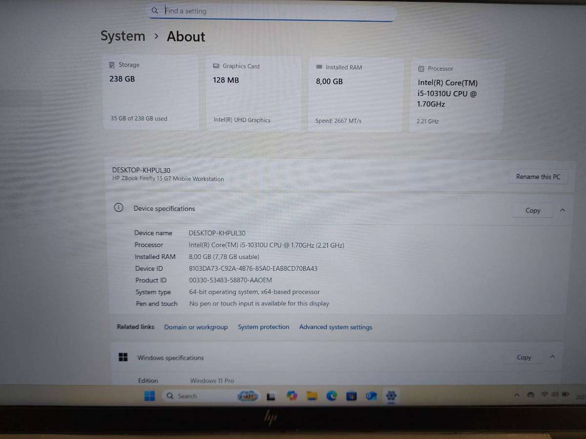 2020 HP Zbook Firefly 15 G7 i5-10310U 1.7GHz 8GB Ram 256GB NVMe SSD