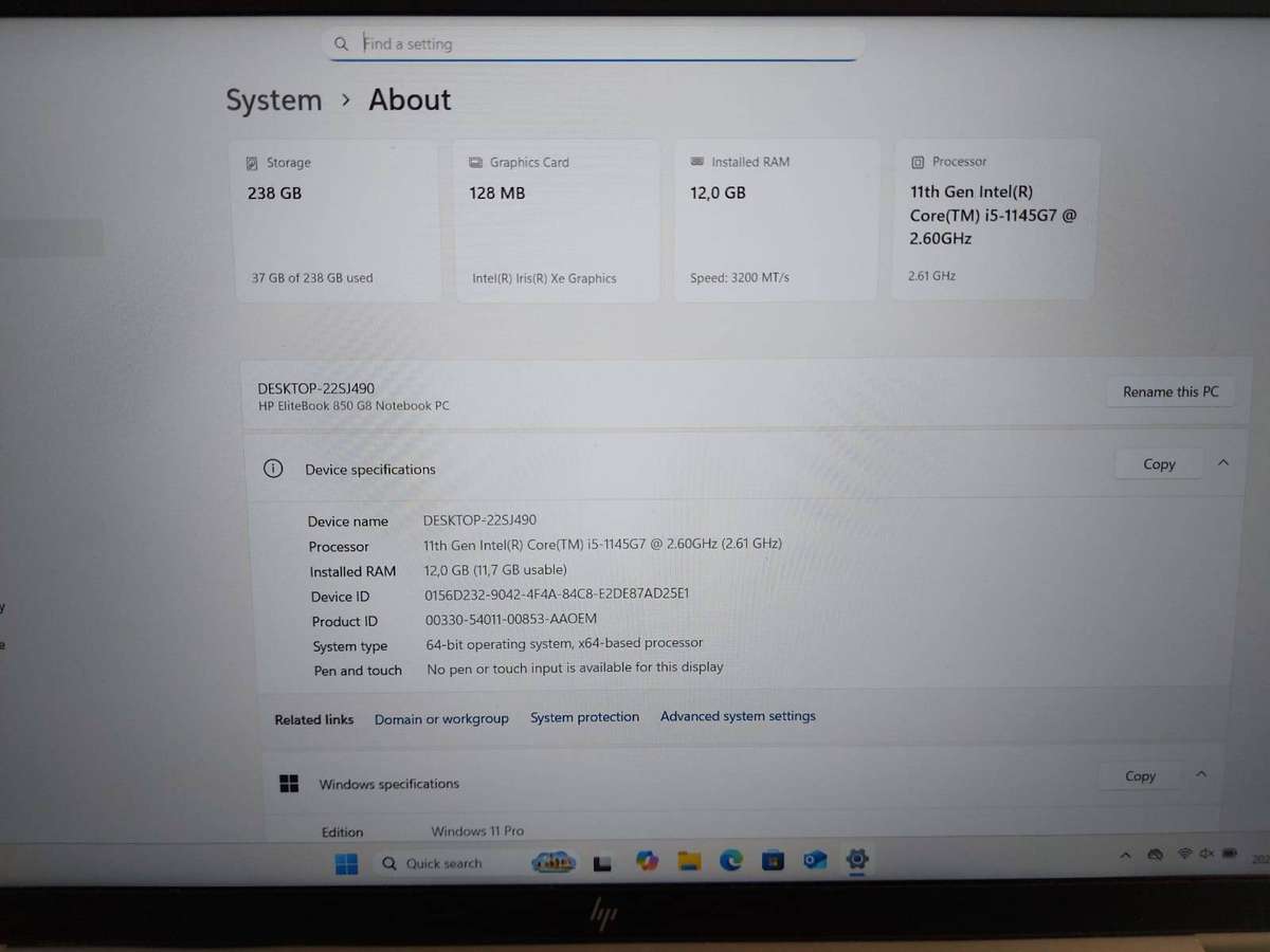 2021 HP EliteBook 850 G8 Core i5-1145G7 @2.60GHz 12GB RAM 256GB NVMe SSD
