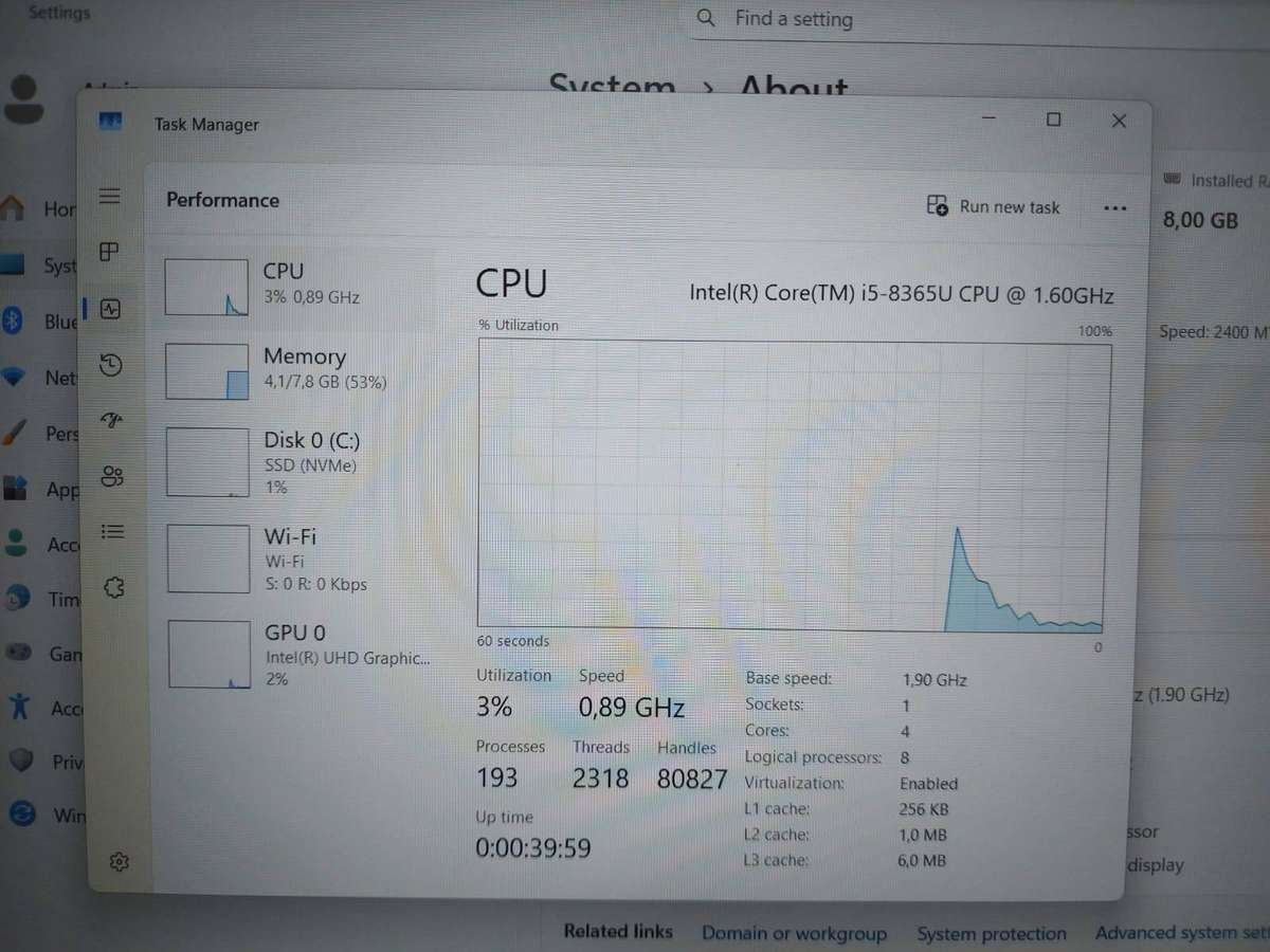 2019 HP EliteBook 850 G6 Core i5-8365U 1.60GHz 8GB Ram 256GB NVMe SSD