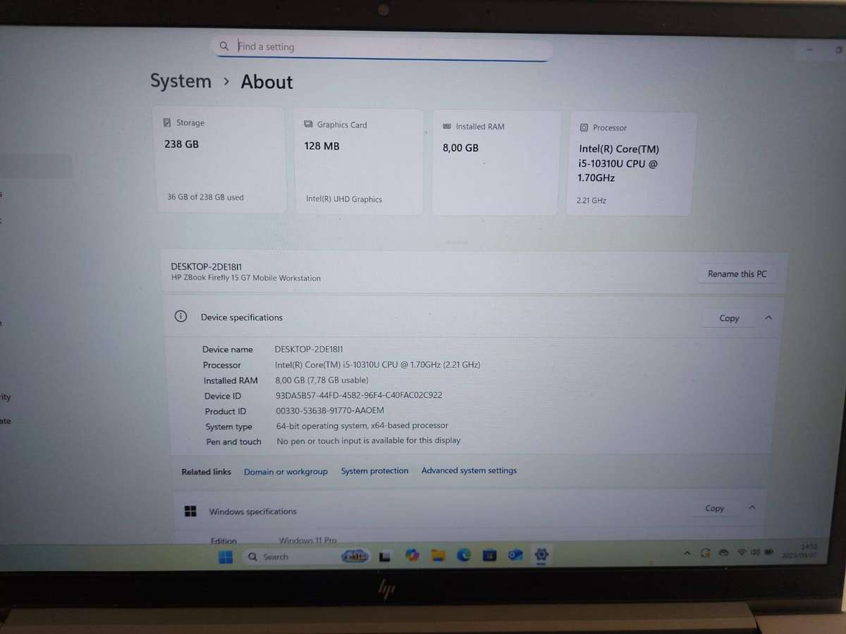 2020 HP Zbook Firefly 15 G7 i5-10310U 1.7GHz 8GB Ram 256GB NVMe SSD