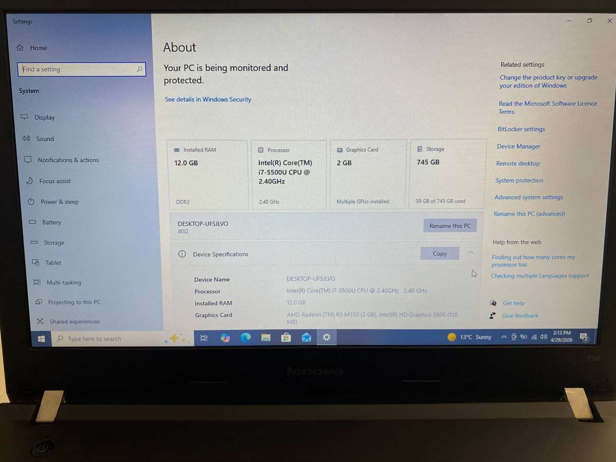 Lenovo E50 Gaming Intel I7 @2.40GHz 12 GB RAM 800GB SSD 2GB AMD Radeon