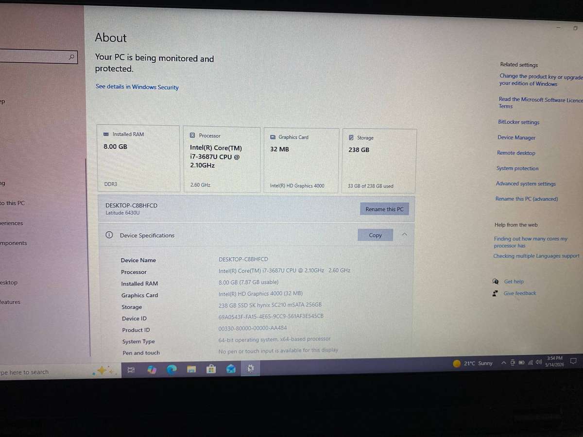 Dell Latitude 64304 Intel I7 @2.10GHz 8GB RAM 256GB M.2 SSD