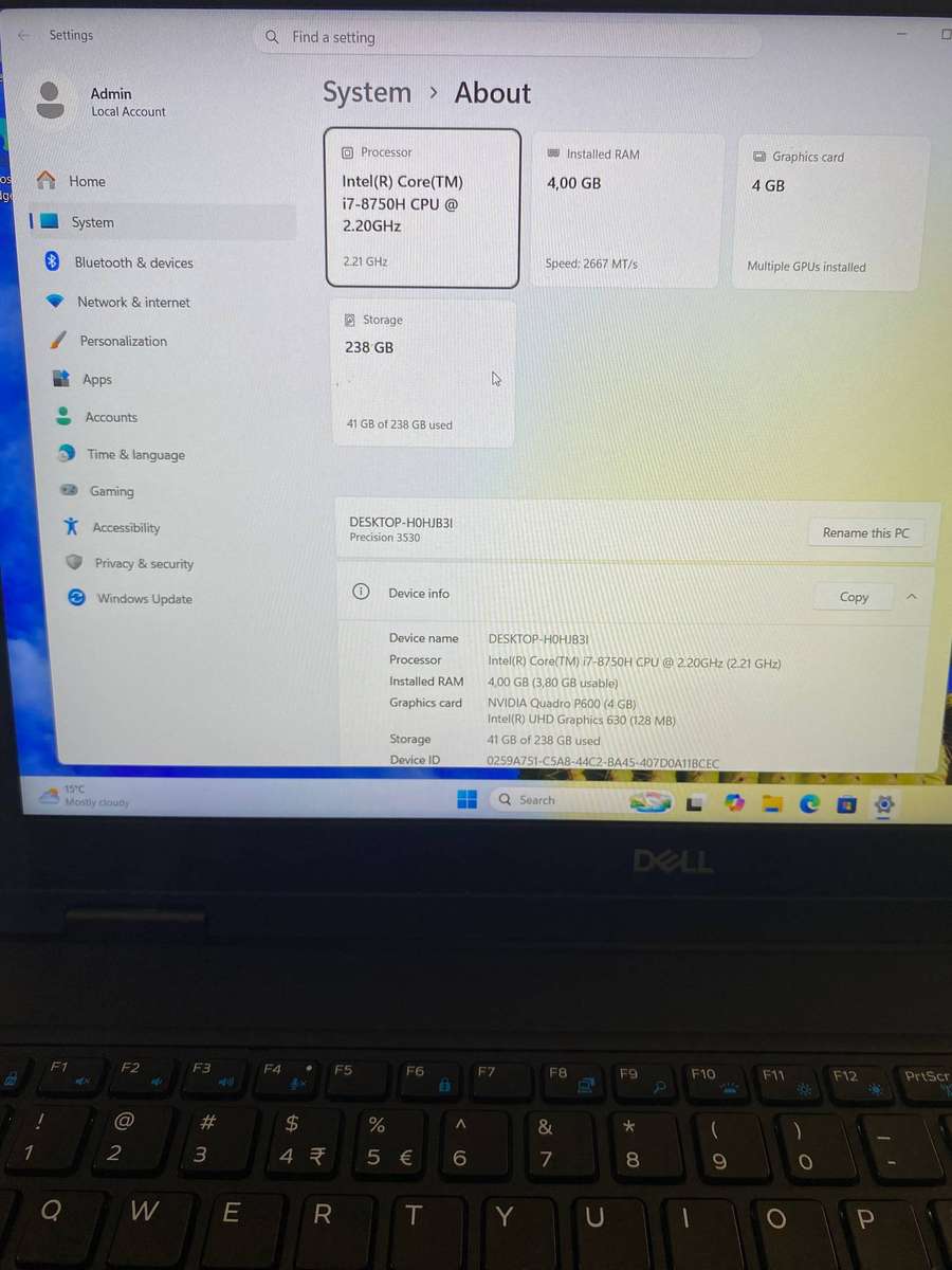 Dell Precision 3530 Intel I7 @2.20GHz (8th Gen) 4GB RAM 256GB NVMe SSD 2GB NVIDIA Graphics