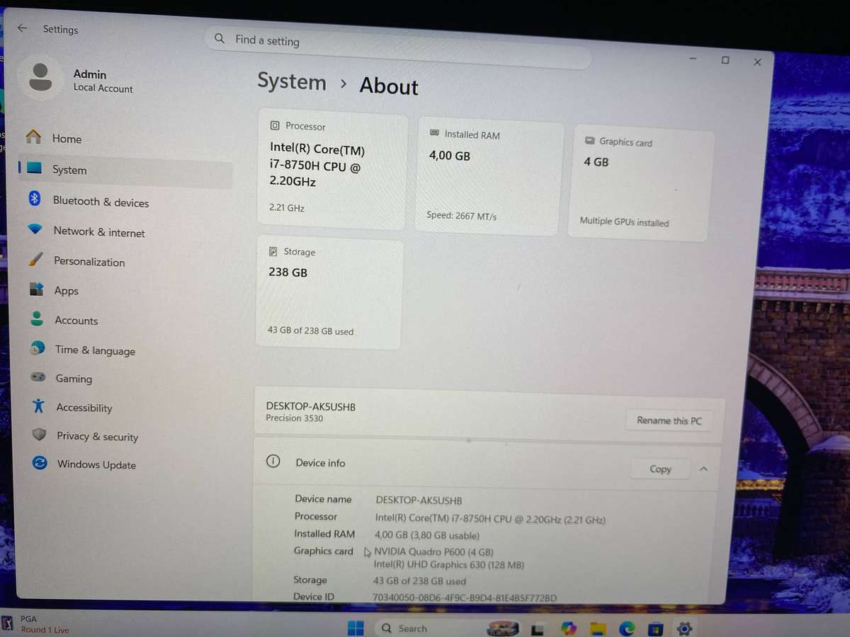 Dell Precision 3530 Intel I7 @2.20GHz (8th Gen) 4GB RAM 256GB NVMe SSD 4GB NVIDIA Graphics