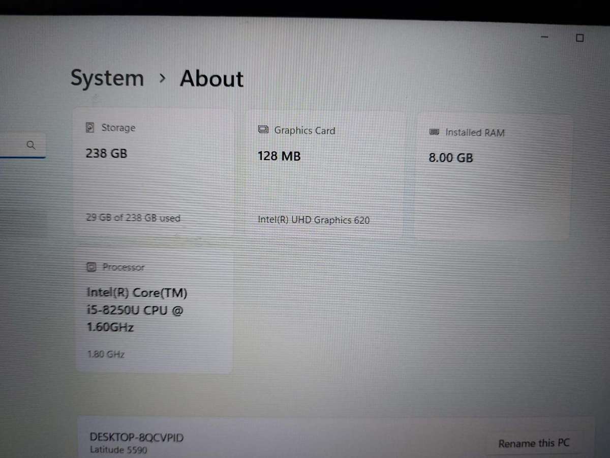 Dell Latitude 5590 i5-8250U 1.60GHz 8GB Ram 238GB NVMe SSD Storage