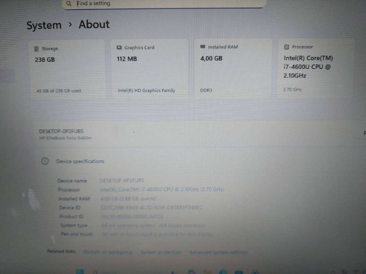 HP EliteBook Folio 9480m Core I7 @2.10GHz 256GB SSD 4GB Ram