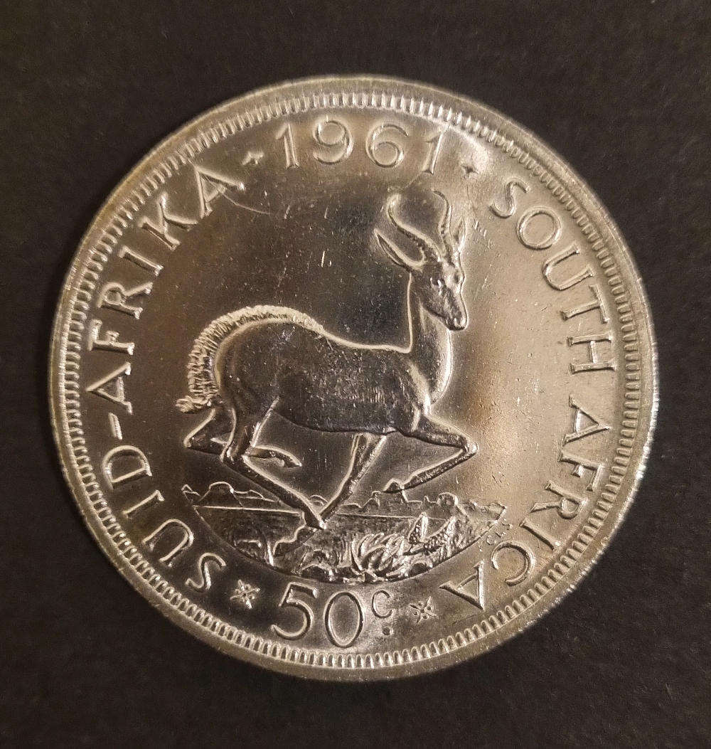  Rare 1961 South Africa 50c Silver Coin  Shiny Mint Condition 