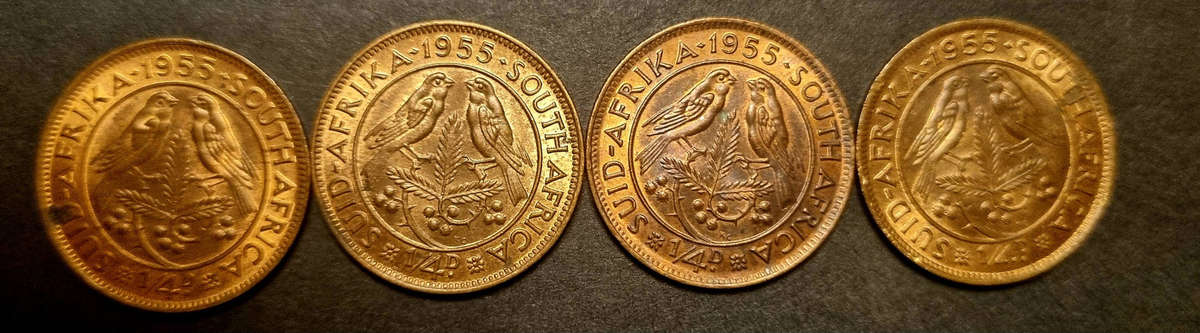 1955 South Africa ¼ Penny  Set of 4 (Queen Elizabeth II)  Vintage Bronze Coins