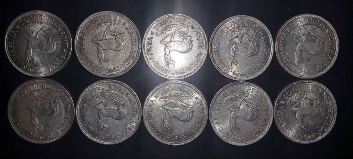 10 × 1949 5 Shilling coins