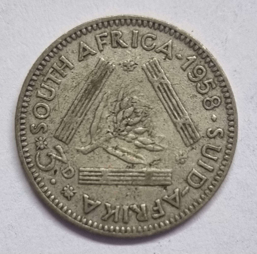 1958 South Africa 3 Pence (Silver)  Queen Elizabeth II