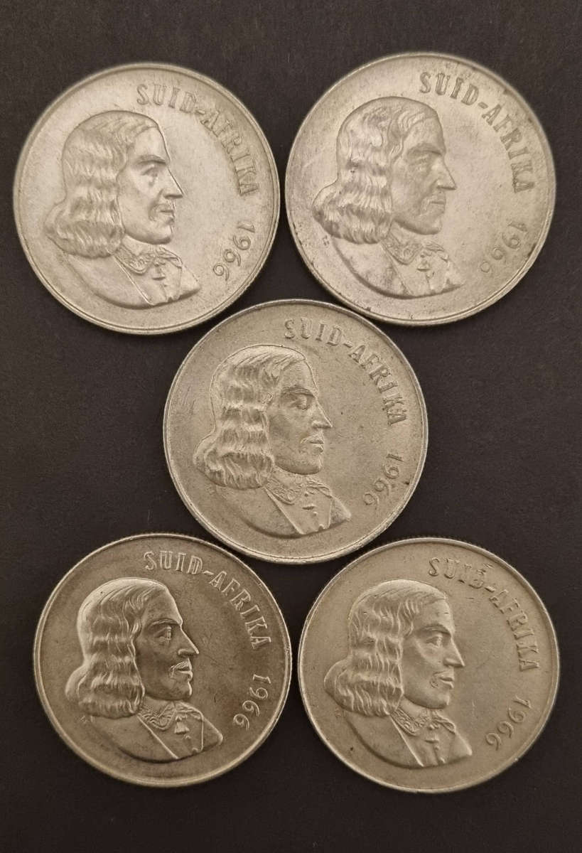 5 × 1966 R1 coins - Afrikaans