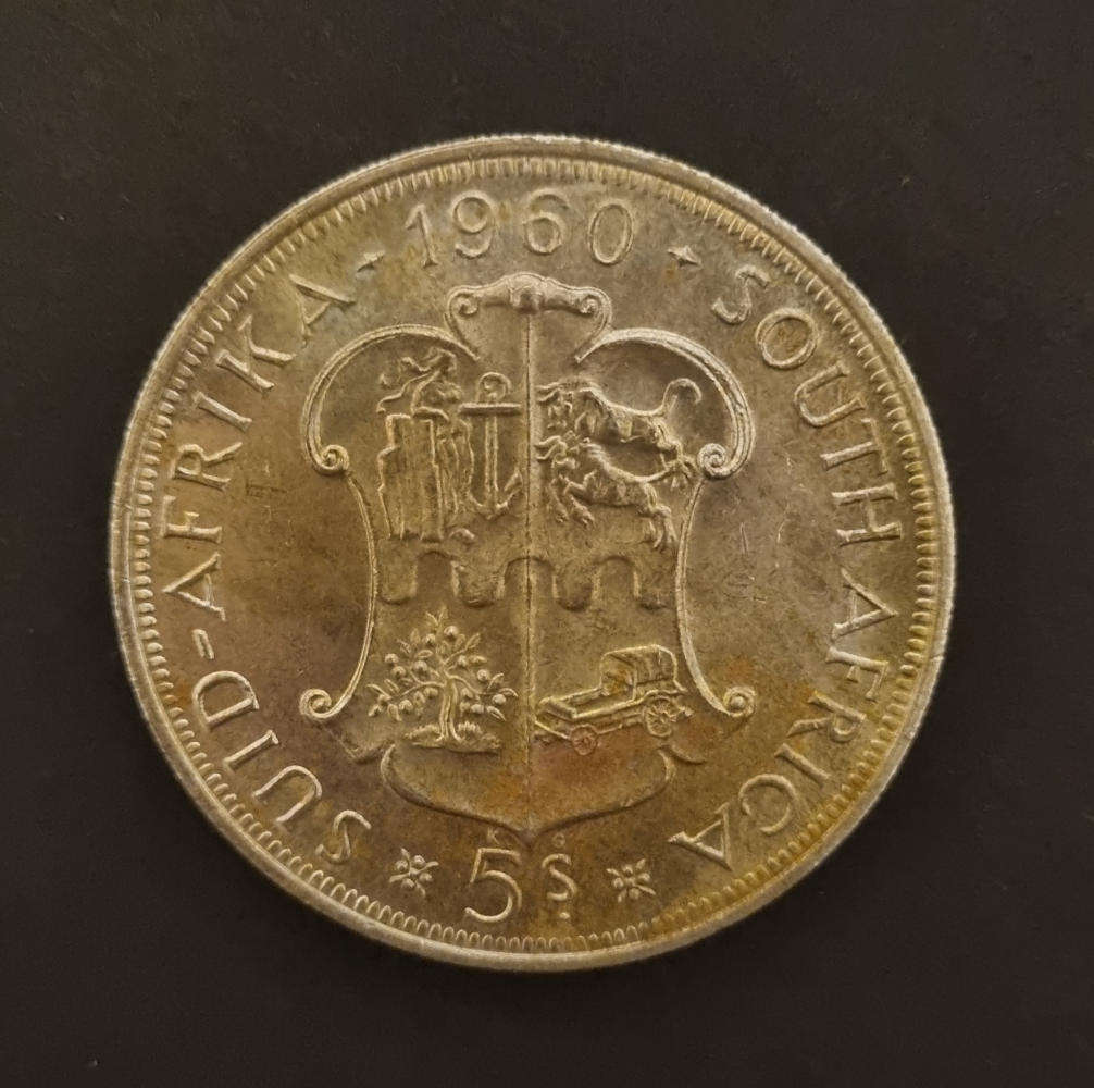 1960 South Africa 5 Shillings Silver Coin  Union Buildings Design  Slightly Tarnished