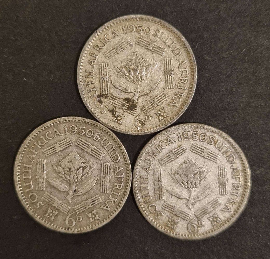3 × 1950 - 6 Pence coins