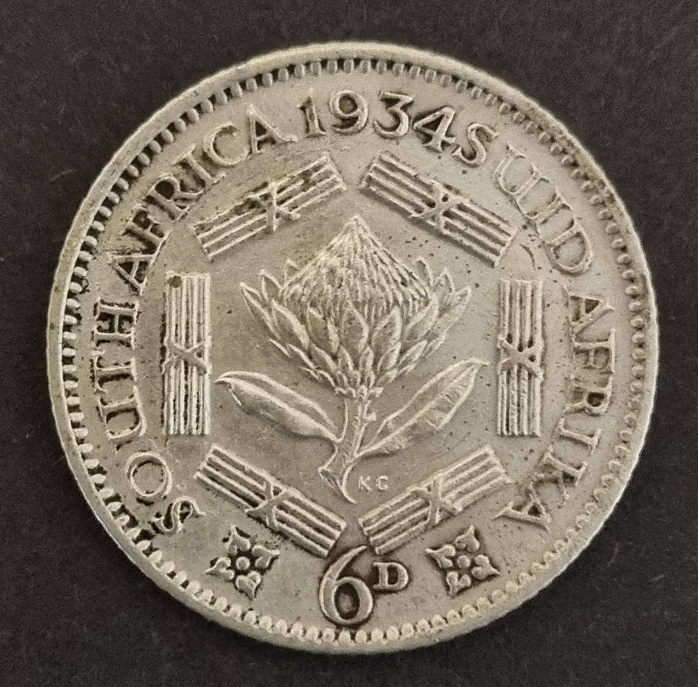 1934 South Africa Silver 6 Pence  King George V  Collectible Coin