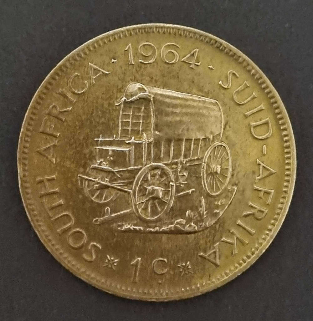 1964 South Africa 1 Cent Coin  Jan van Riebeeck & Covered Wagon  Collectible