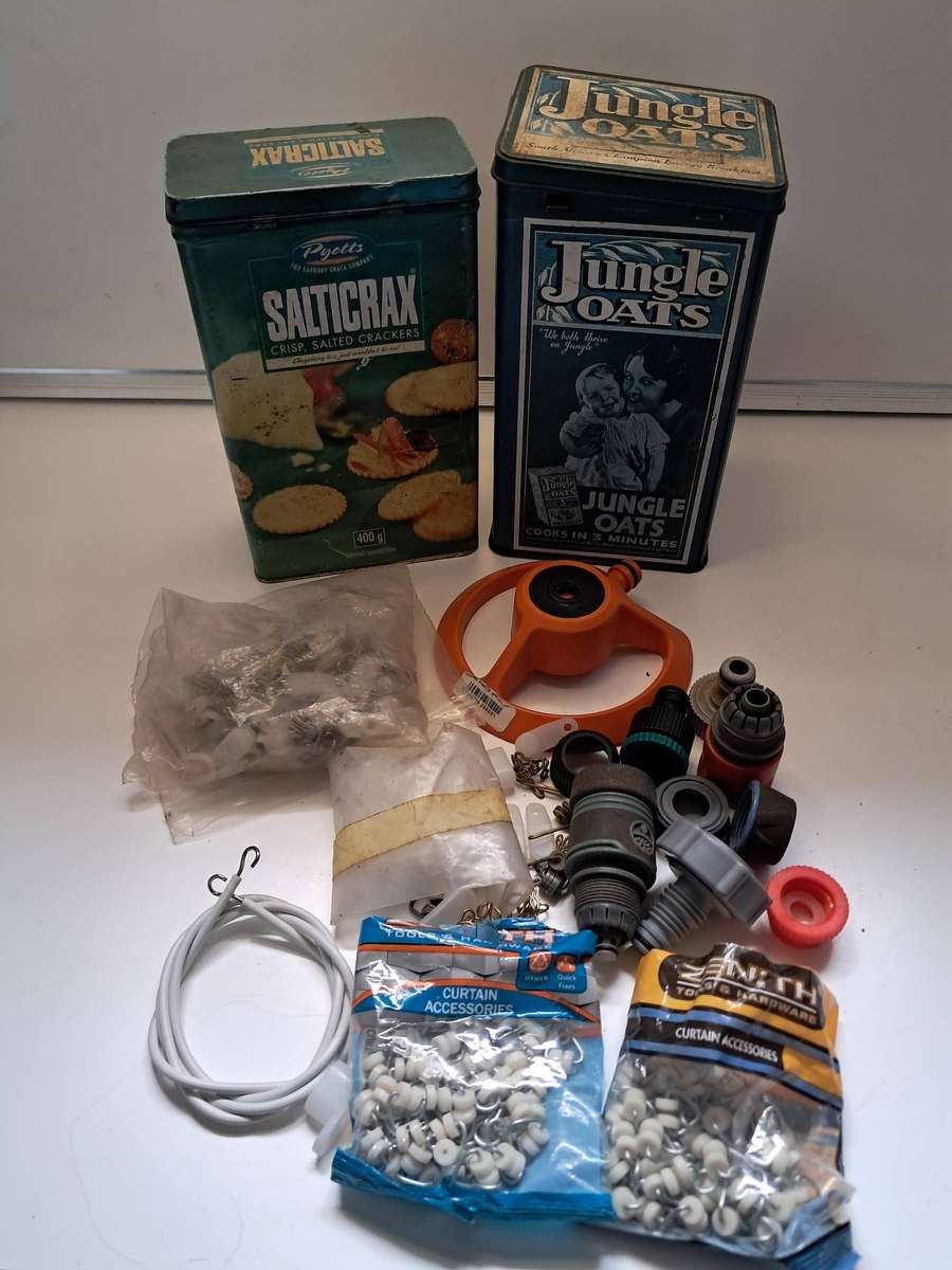 Job-lot Garden hose fittings & curtains hooks etc.