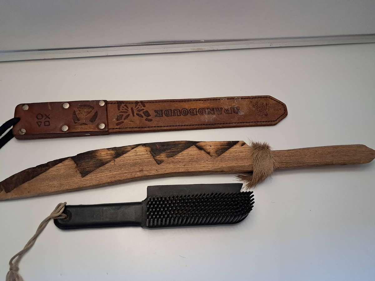 Old Leather strap / Rubber brush / Wood sword decor