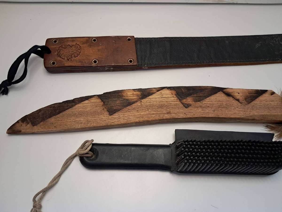 Old Leather strap / Rubber brush / Wood sword decor