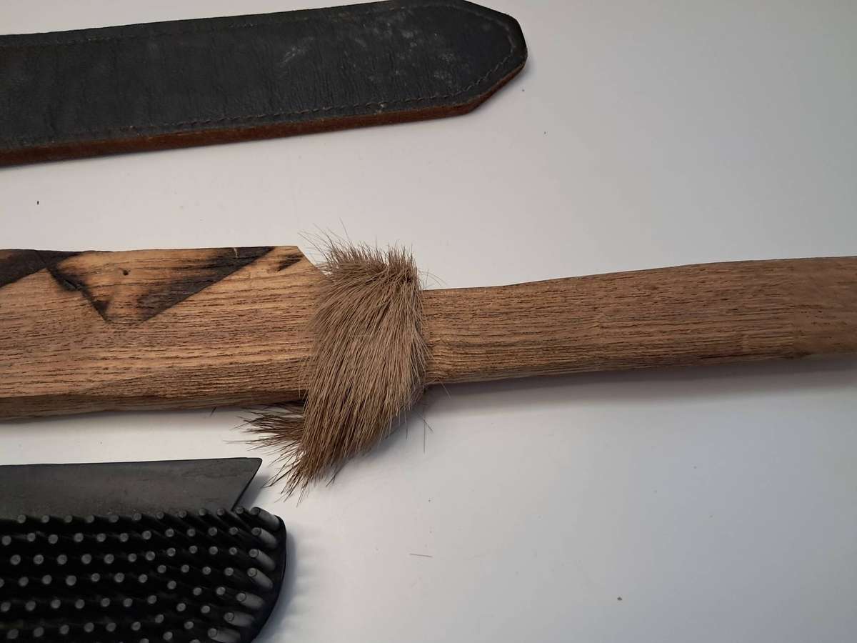Old Leather strap / Rubber brush / Wood sword decor