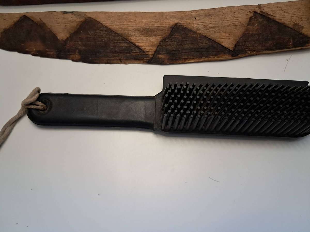 Old Leather strap / Rubber brush / Wood sword decor