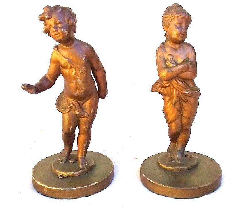 Antique rare pare of Mid to late 1800's Gold painted Cast Lead Cherub Paper Weights