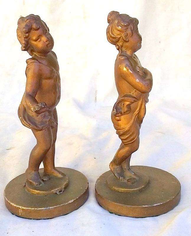 Antique rare pare of Mid to late 1800's Gold painted Cast Lead Cherub Paper Weights