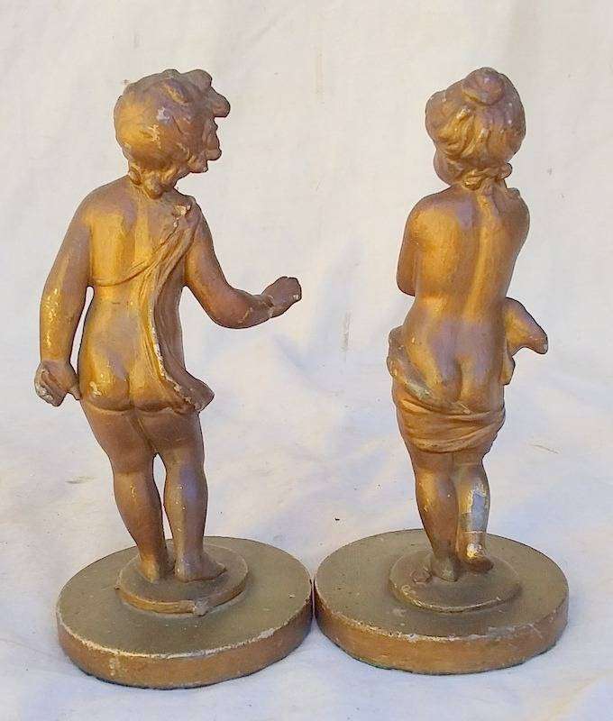 Antique rare pare of Mid to late 1800's Gold painted Cast Lead Cherub Paper Weights