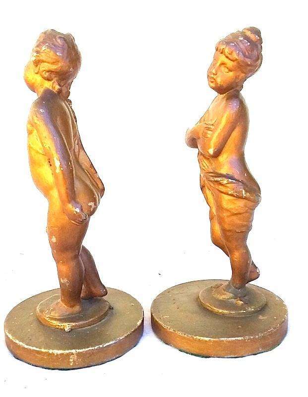 Antique rare pare of Mid to late 1800's Gold painted Cast Lead Cherub Paper Weights