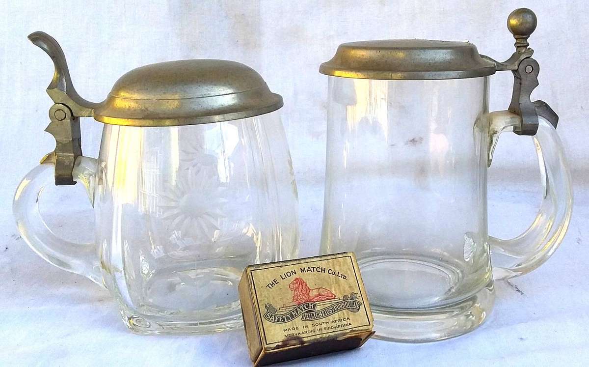 Pair of Vintage Glass & Pewter 1/2l  Tankards