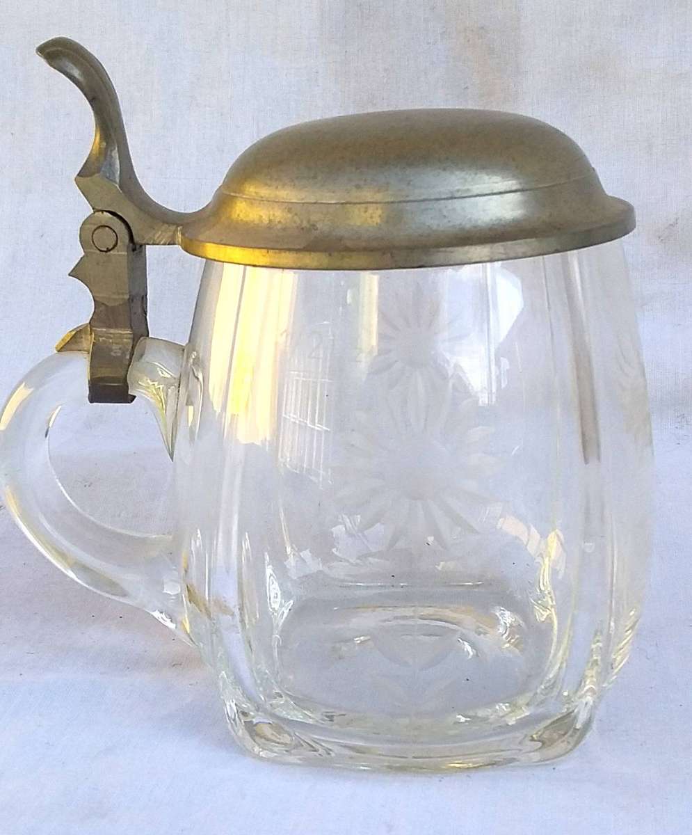 Pair of Vintage Glass & Pewter 1/2l  Tankards