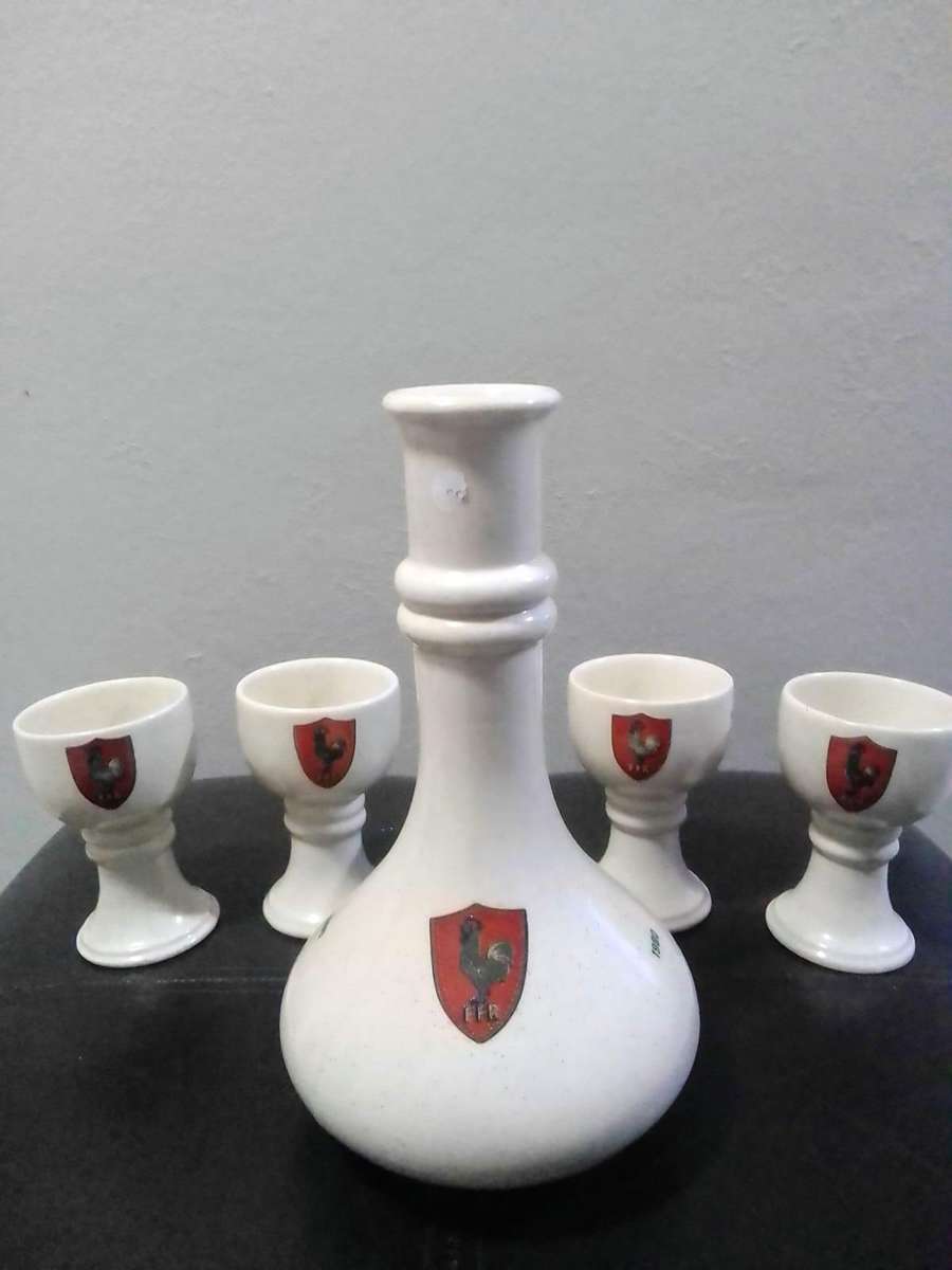 Vintage S.A. Rugby Springboks Ceramic Decanter & 4 Goblets  Rare Collectors Set