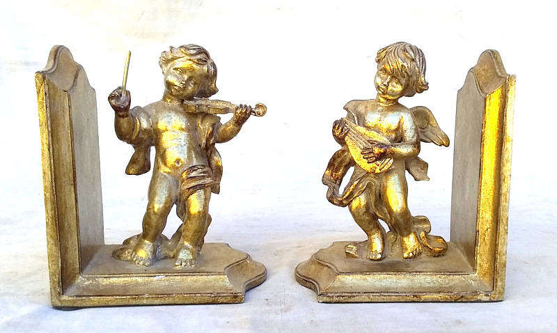Stunning pair of Gold Tone Composite material Cherub Bookends. Note Very Slight Damage to tip