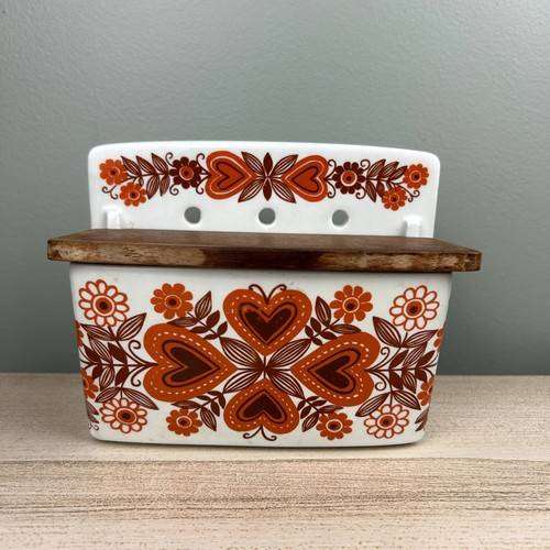 Vintage 70's Arabia Finland Sirpa Orange Brown Floral Hearts Salt Box Retro VTG