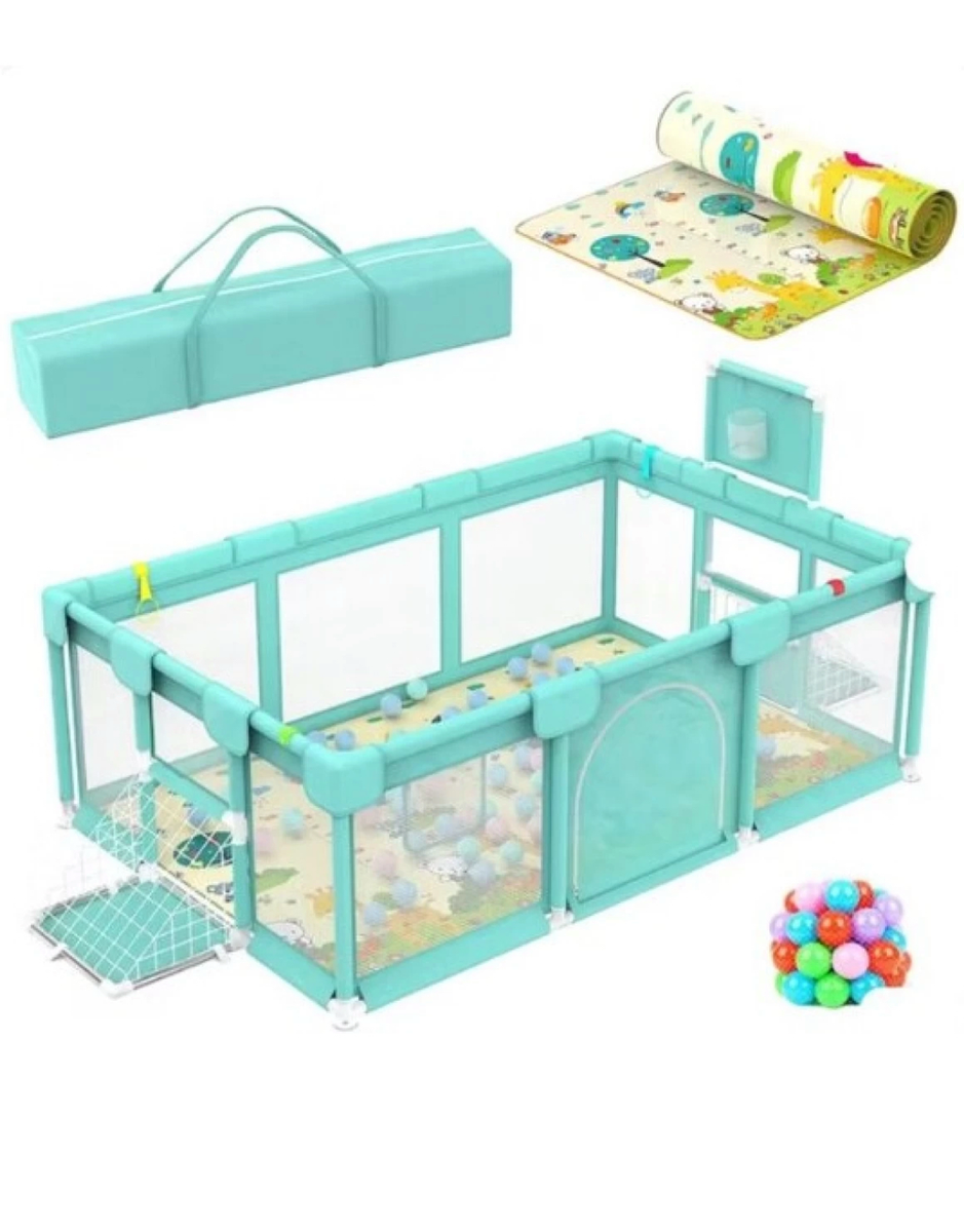 Large Baby Playpen with Pull-Up Rings, 30 Balls and Play Mat-Green and grey