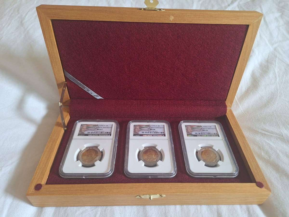 3 x 2008 RSA R5 - MANDELA 90th Birthday - NGC GRADED MS 65/66/673 x 2008 RSA R5 -  NELSON MANDELA