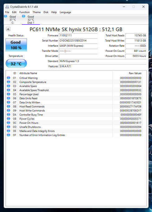 512GB SK Hynix NVME SSD