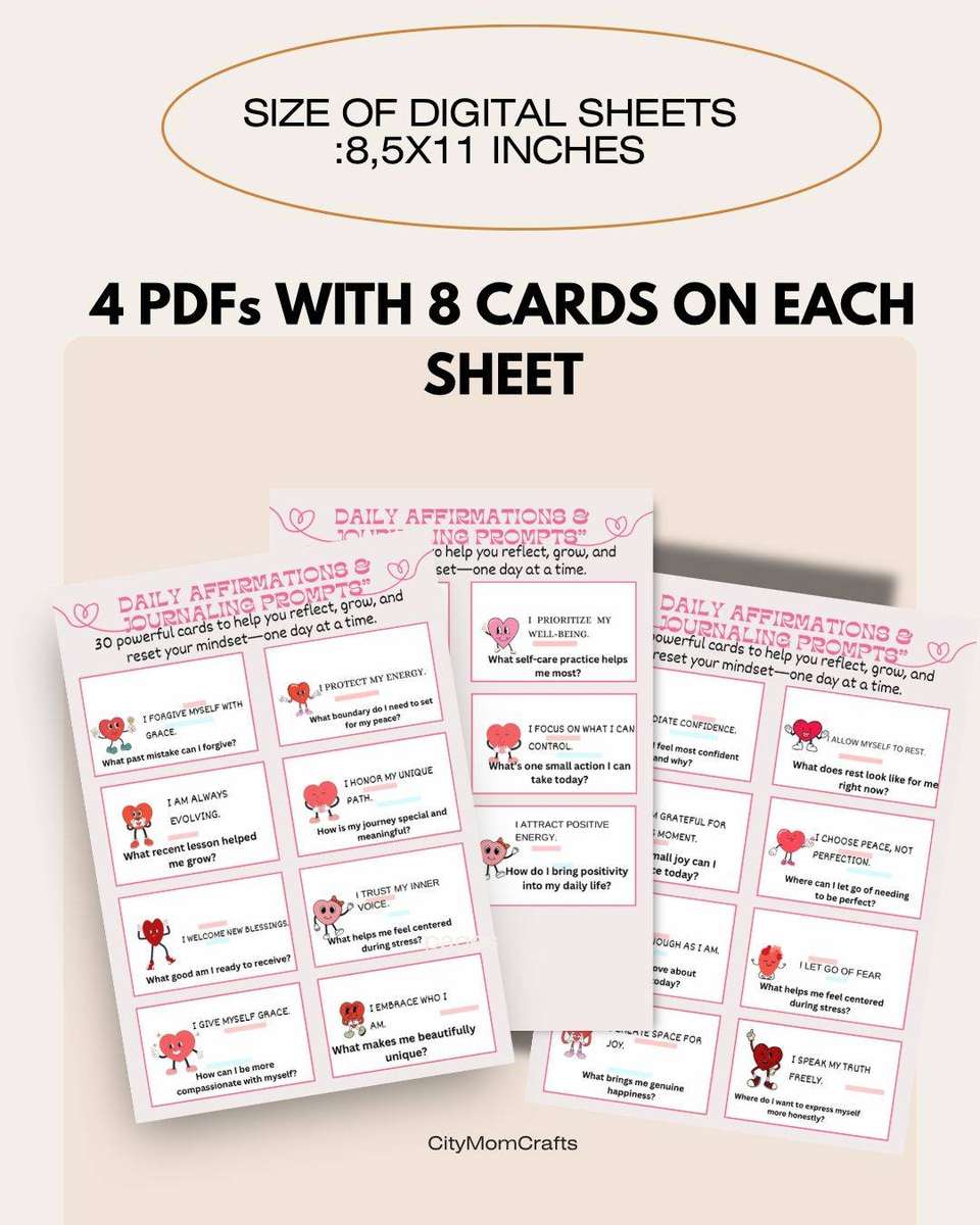 30-Day Affirmation Cards with Journal Prompts  Printable PDF (30 Cards)