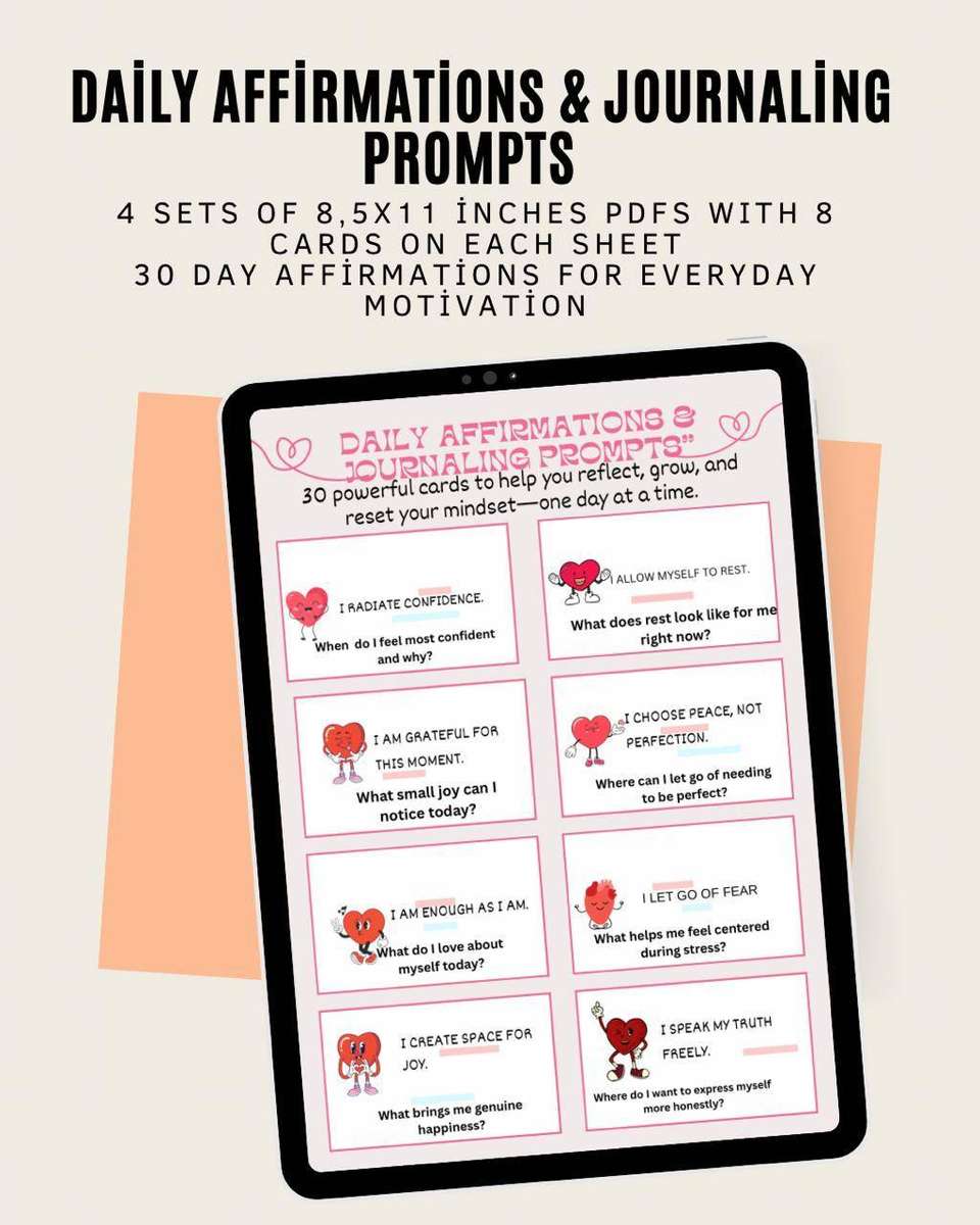 30-Day Affirmation Cards with Journal Prompts  Printable PDF (30 Cards)
