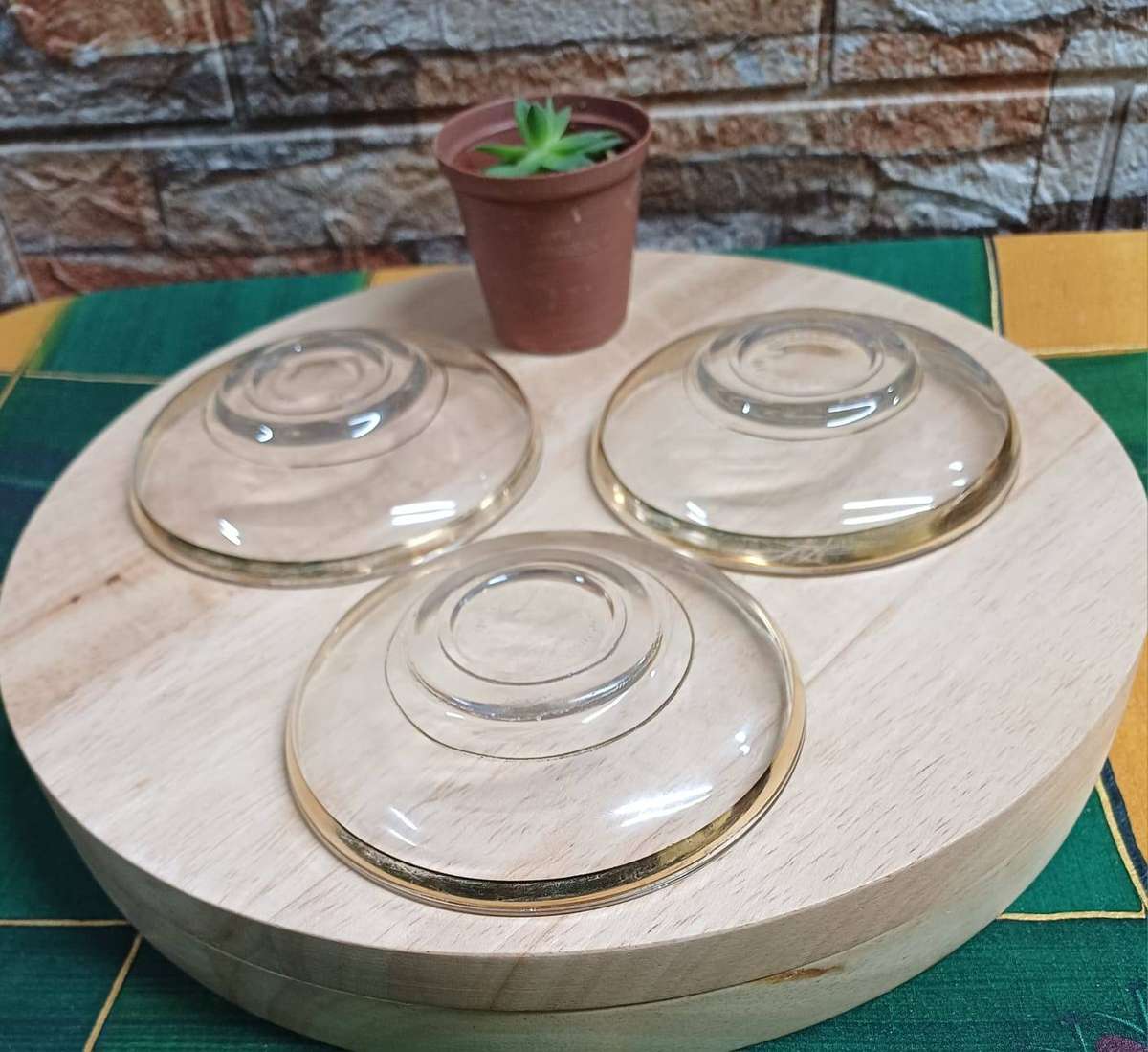 Set of 3 Vintage glass saucers with gold trim, possibly made by Pasabahce in the 1980s.