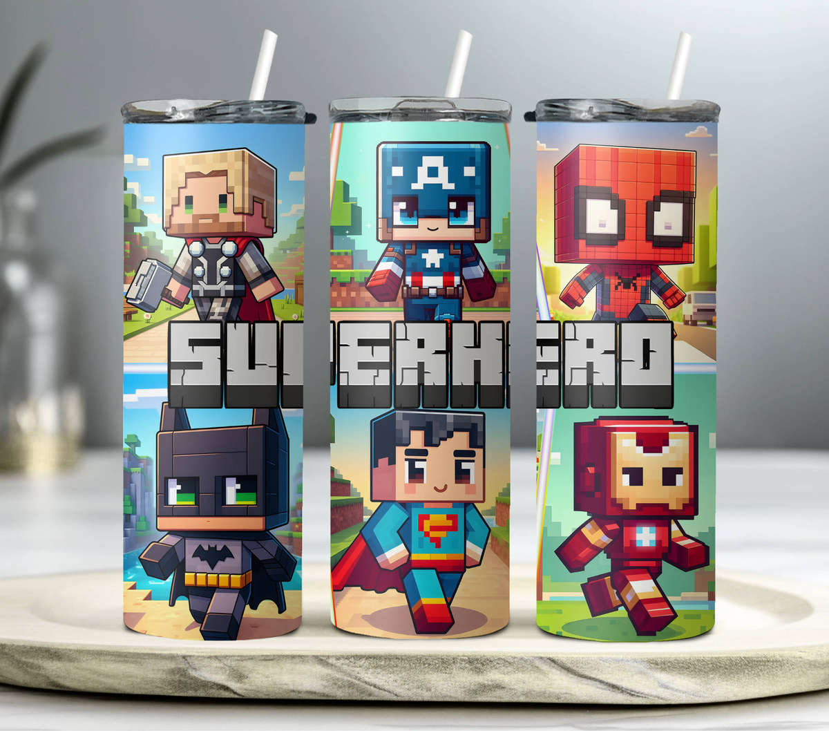 Pixel Superhero Characters Stainless Steel Tumbler Double-walled 600 ml