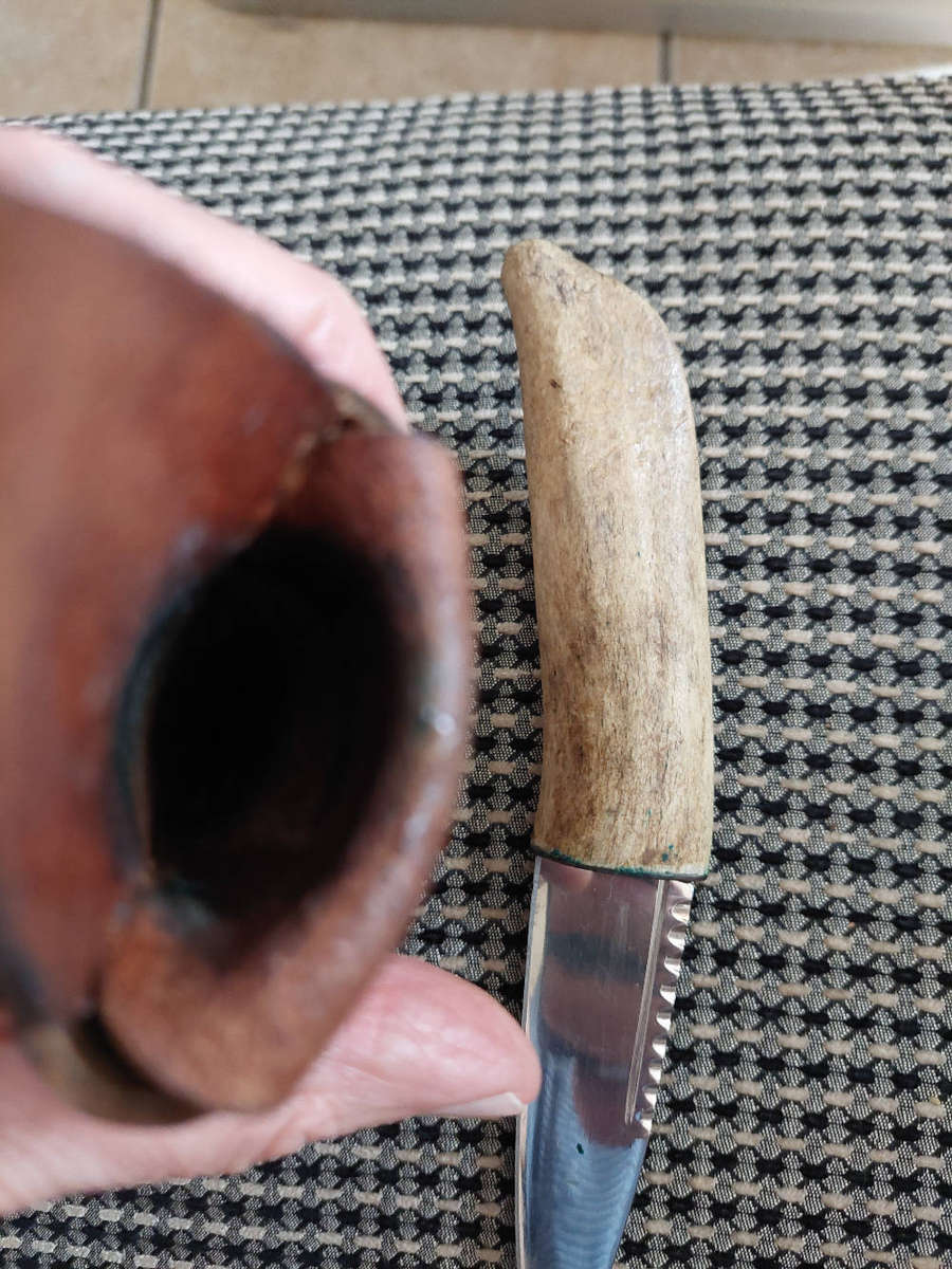 Handmade sgian dubh style knife. Bone handle.Leather sheath