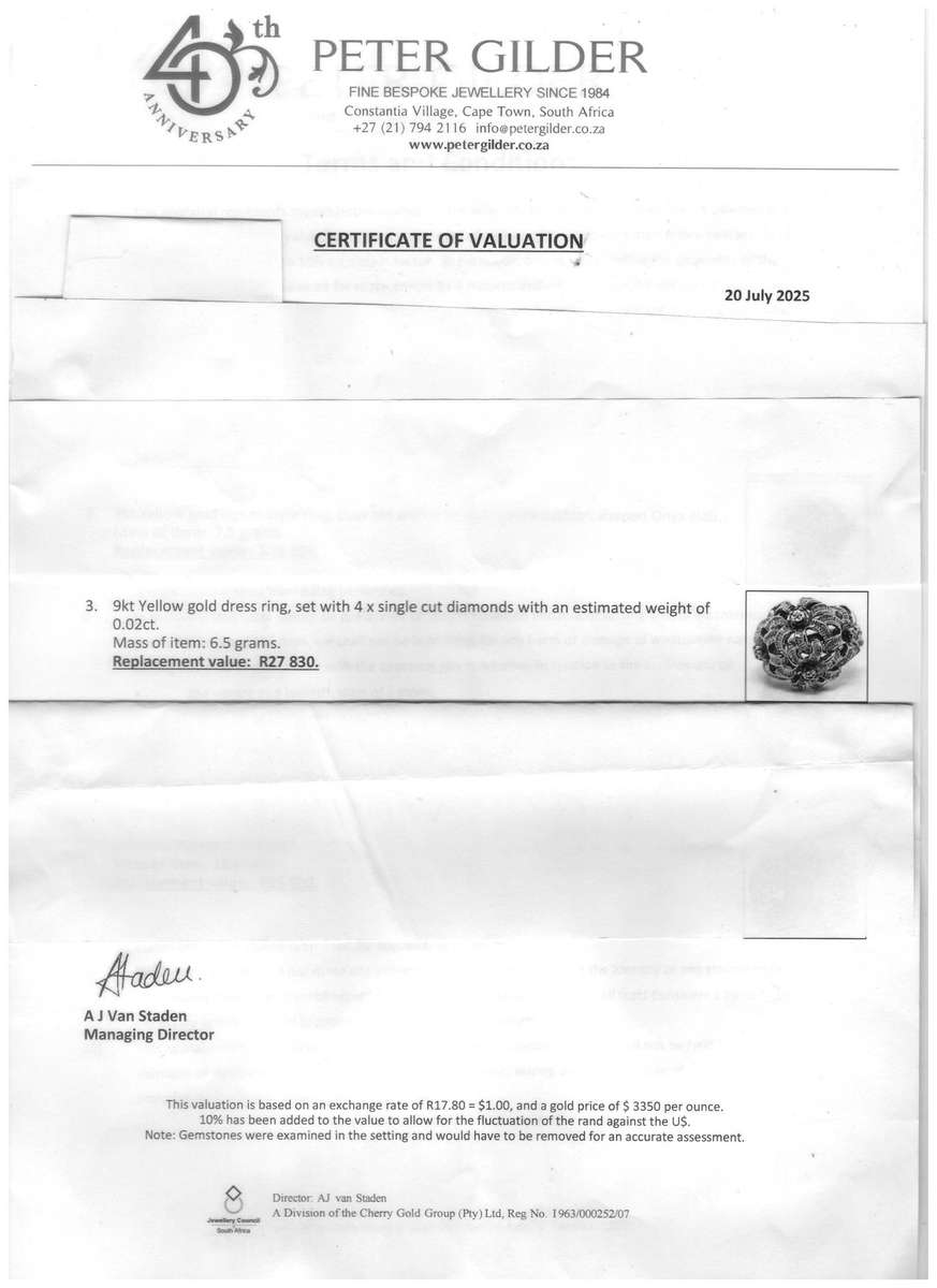 9kt yellow gold dress ring, set with 4 x single cut diamonds