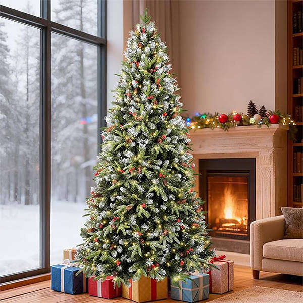 Pre-Lit Artificial Christmas Pre-Decorated with Flocked Frosted Tips ,Berries and Pine Cones 240CM