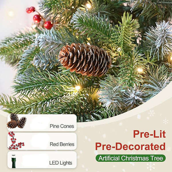 Pre-Lit Artificial Christmas Pre-Decorated with Flocked Frosted Tips ,Berries and Pine Cones 210CM